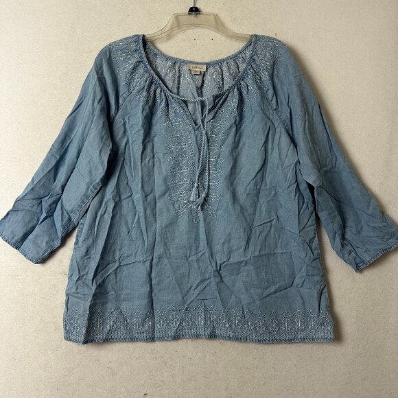 J Jill Denim Shirt sz L petite Light Blue Chambray Embroidered Popover Tunic - Picture 1 of 6